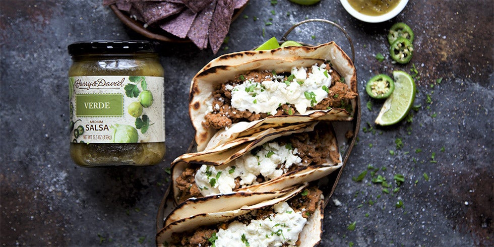 Easy Beef Tacos with Salsa Verde Topping
